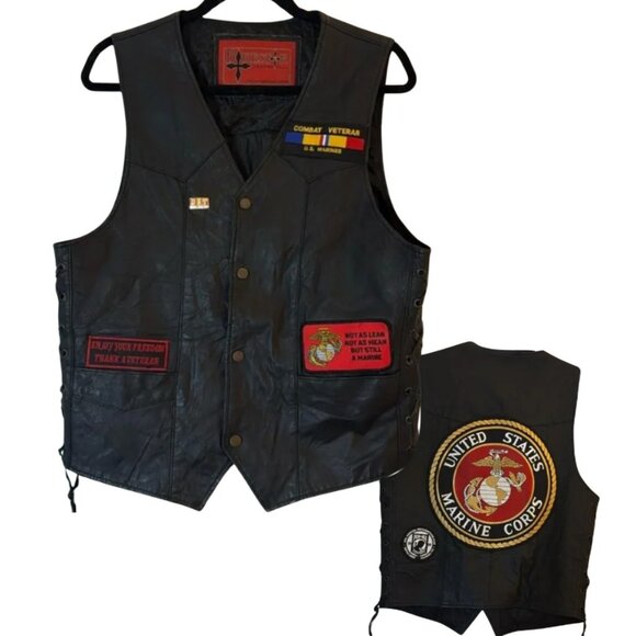 USMC Marine Corps Leather Biker Vest Mens Small POW MIA Motorcycle Patches